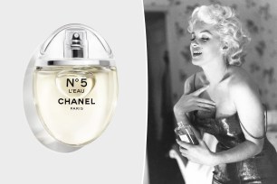 A bottle of Chanel perfume split with a photo of Marilyn Monroe