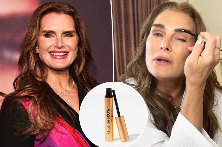 Brooke Shields with an inset of brow serum