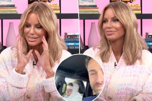 Two split photos of Caroline Stanbury at Page Six and a small selfie of Caroline Stanbury and Sergio Carrallo after her facelift