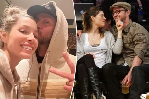 A split photo of a selfie of Justin Timberlake and Jessica Biel and Jessica Biel and Justin Timberlake sitting at a game