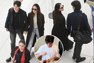 John Mulaney and Olivia Munn at JFK Airport with an inset of him wearing a ring on his left ring finger.