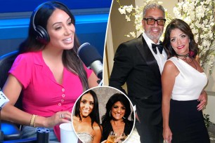 A split photo of Melissa Gorga talking and Kathy Wakile and Richie Wakile posing together and a small photo of Kathy Wakile and Melissa Gorga