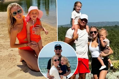 Brittany Mahomes twins with daughter Sterling in orange swimsuits on Portugal vacation
