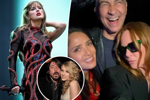 Taylor Swift split with Past Smear, Salma Hayek and Stella McCartney with an inset of Taylor Swift and Dave Grohl.
