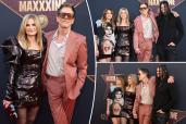 Kyra Sedgwick and Kevin Bacon posing on a red carpet together and a split photo of Kevin Bacon and Kyra Sedgwick posing with their two kids