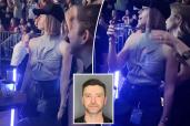 Jessica Biel at Justin Timberlake's concert with an inset of his mug shot.