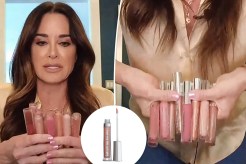 Kyle RIchards holding up a pile of lip gloss, with an inset of the lip gloss tube