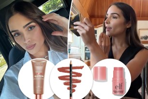 Olivia Culpo with insets of beauty products