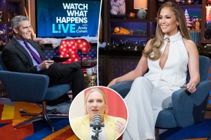 Andy Cohen and Jennifer Lopez with a Meghan McCain inset