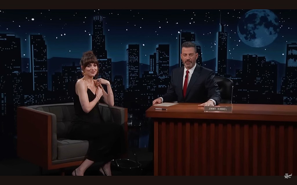 Dakota Johnson dress breaks on Jimmy Kimmel Live