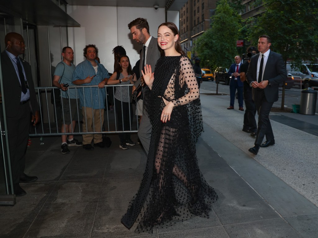 Emma Stone in a sheer black Louis Vuitton dress at the 'Kinds of Kindness' premiere