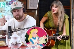 Travis Kelce and Taylor Swift with an "Alice in Wonderland" inset