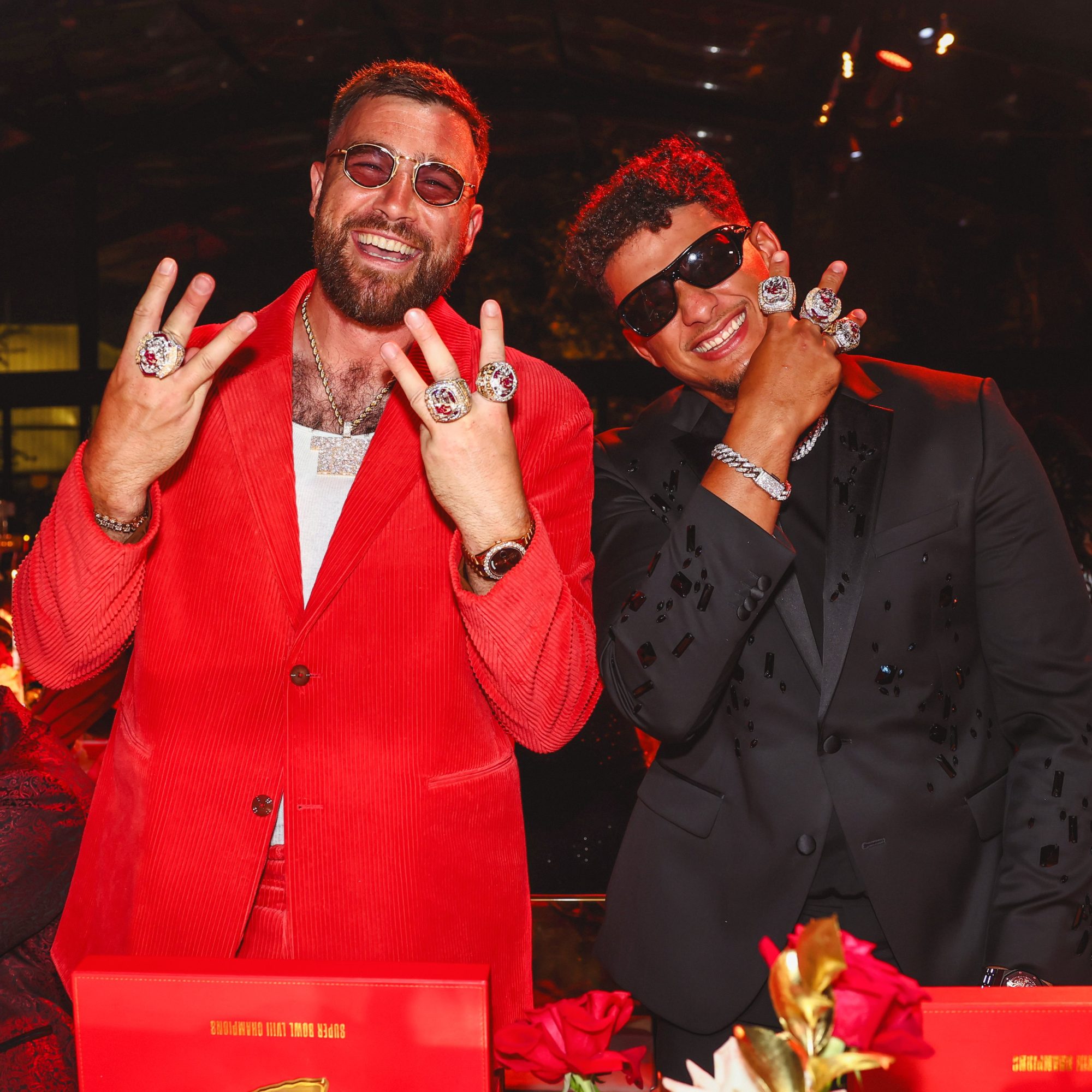 Travis Kelce and Patrick Mahomes show off their third Super Bowl diamond sparkler.