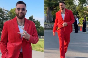 Travis Kelce red suit ring ceremony