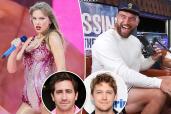 Taylor Swift and Travis Kelce with Jake Gyllenhaal and Joe Alwyn insets