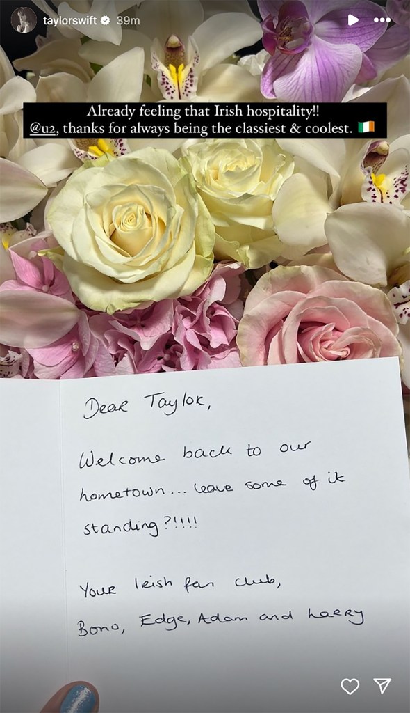 A card and flowers from U2 for Taylor Swift. 