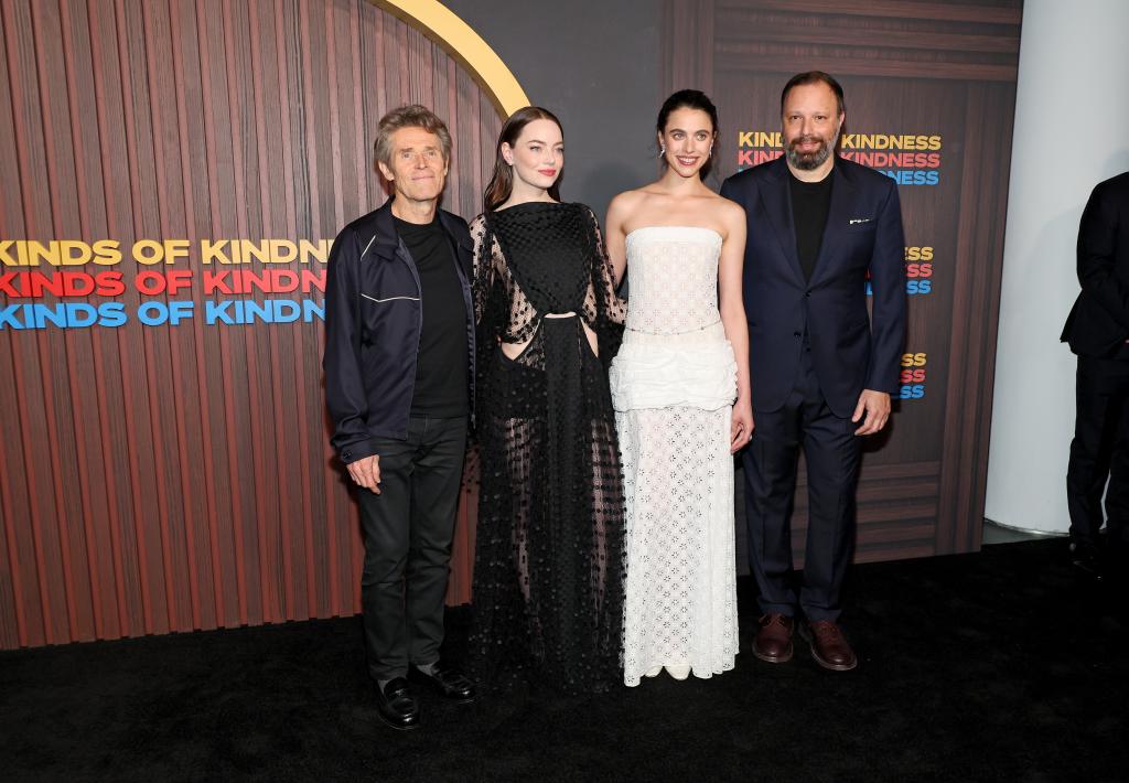 Willem Dafoe, Emma Stone, Margaret Qualley, and Yorgos Lanthimos at the "Kinds Of Kindness" premiere.