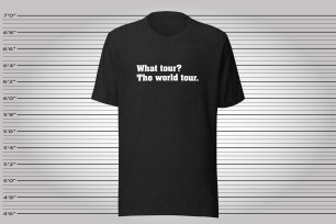 A black shirt with white writing