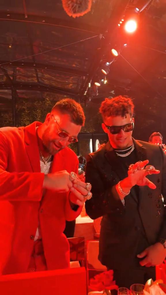 Travis Kelce and Patrick Mahomes unbox their third Super Bowl diamond sparkler.