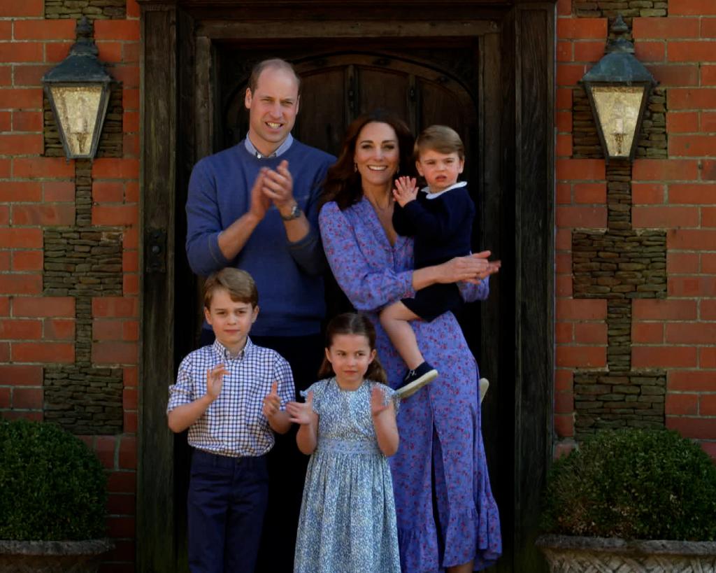 Prince William alongside his wife, Kate Middleton, and their three children at a charity event in April 2020.