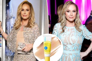 Two photos of Kathy Hilton with an inset of Bliss sunscreen
