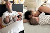A split photo of Travis Barker holding Rocky Barker and Kourtney Kardashian sleeping with Rocky Barker