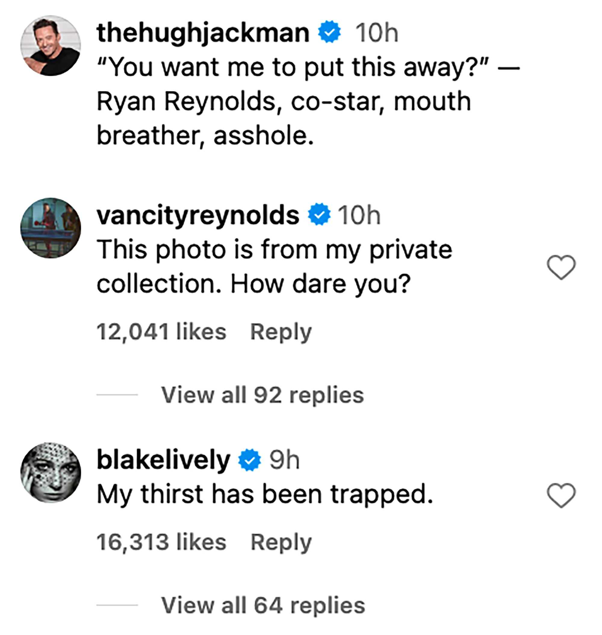 Comments on Hugh Jackman's Instagram.