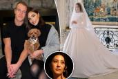 A split photo of Christian McCaffrey and Olivia Culpo with their dog and Olivia CUlpo in her wedding dress and a small photo of Kennedy Bingham
