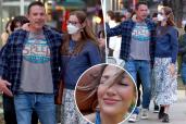 A split photo of Ben Affleck walking with Violet and Ben Affleck walking with violet and a small selfie of Jennifer Lopez