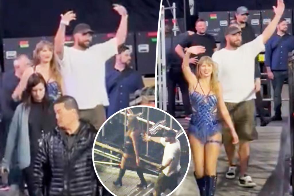 Travis Kelce proudly riles up Swifties as he leaves Eras Tour with Taylor Swift in Amsterdam