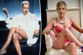 A split photo Sharon Stone acting in "Basic Instinct" and Sharon Stone sitting in red lingerie