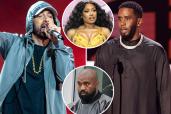 Eminem split with Sean Combs with insets of Megan Thee Stallion and Kanye West. 
