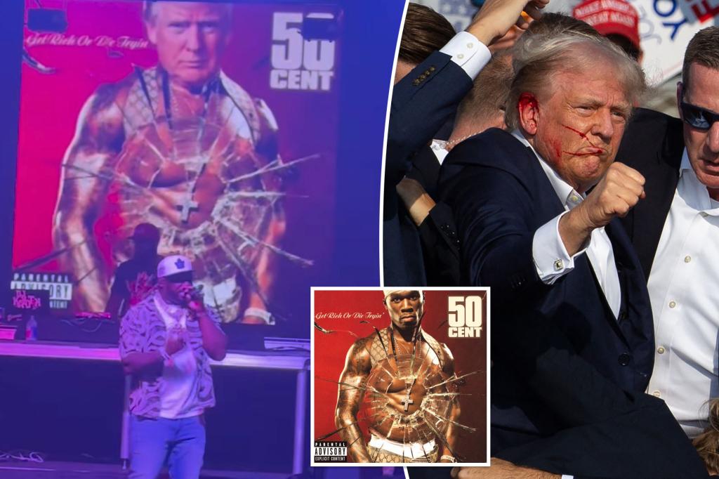 50 Cent puts Donald Trump’s face on album cover while performing ‘Many Men’ after assassination attempt
