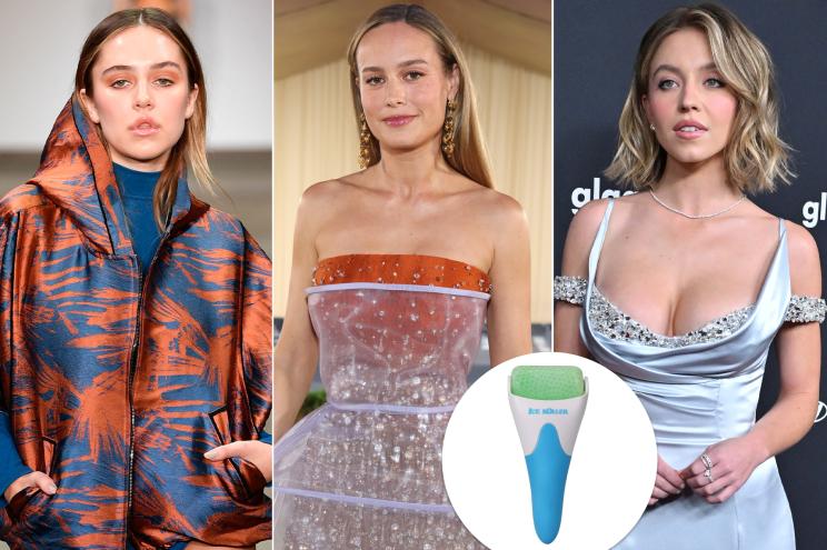 Delilah Belle Hamlin, Brie Larson and Sydney Sweeney with an inset of an ice roller