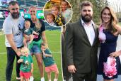 A composite of Jason Kelce and Kylie Kelce and photos with their children.