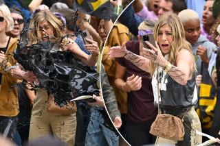 Jennifer Aniston doused in fake oil while filming ‘The Morning Show’