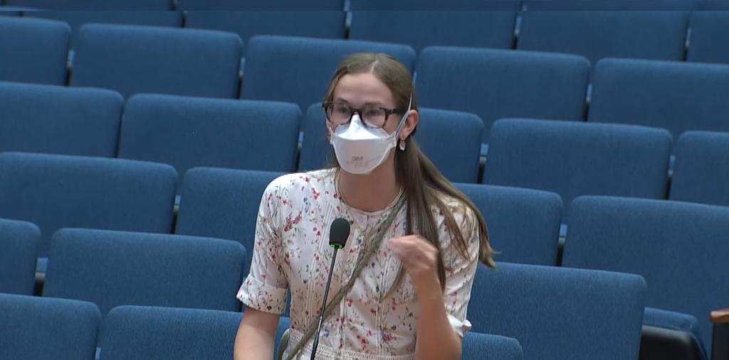 mask-clad violet affleck talking into a microphone