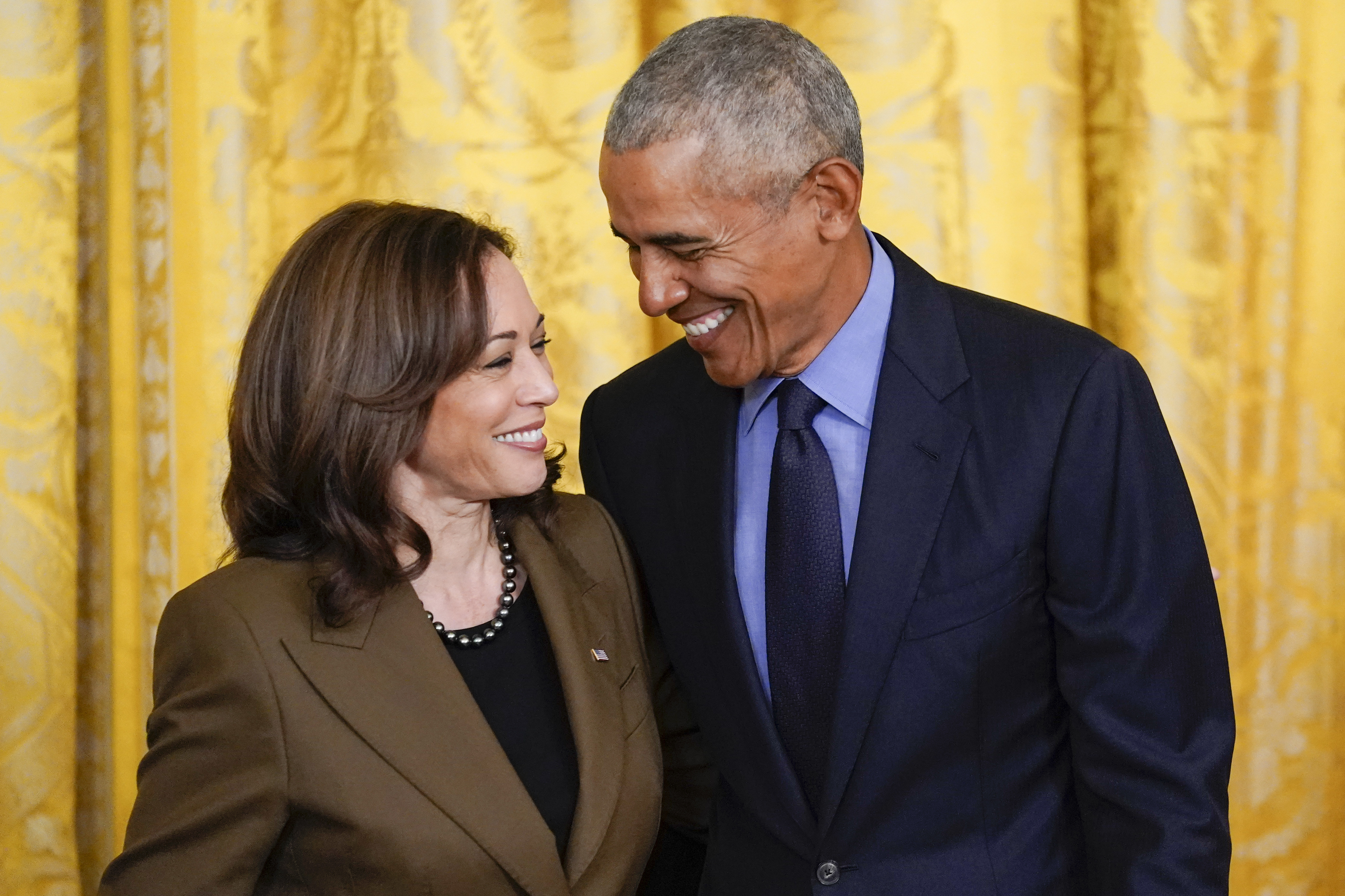 kamala harris and barack obama smiling at each other