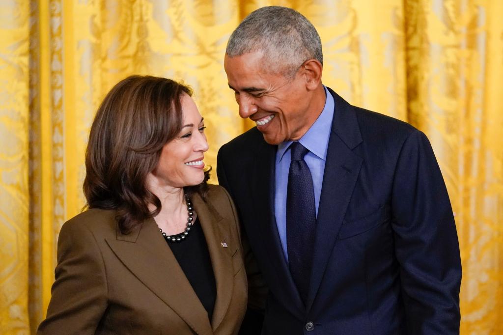 kamala harris and barack obama smiling at each other