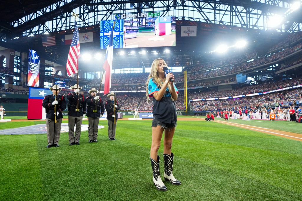 Ingrid Andress singing the national anthem at the MLB Home Run Derby. 