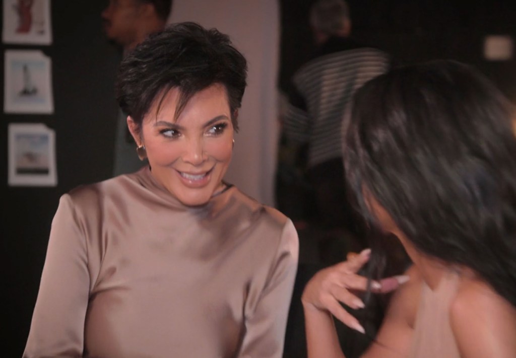 Kim Kardashian telling Kris Jenner about her salmon sperm facial on "The Kardashians."