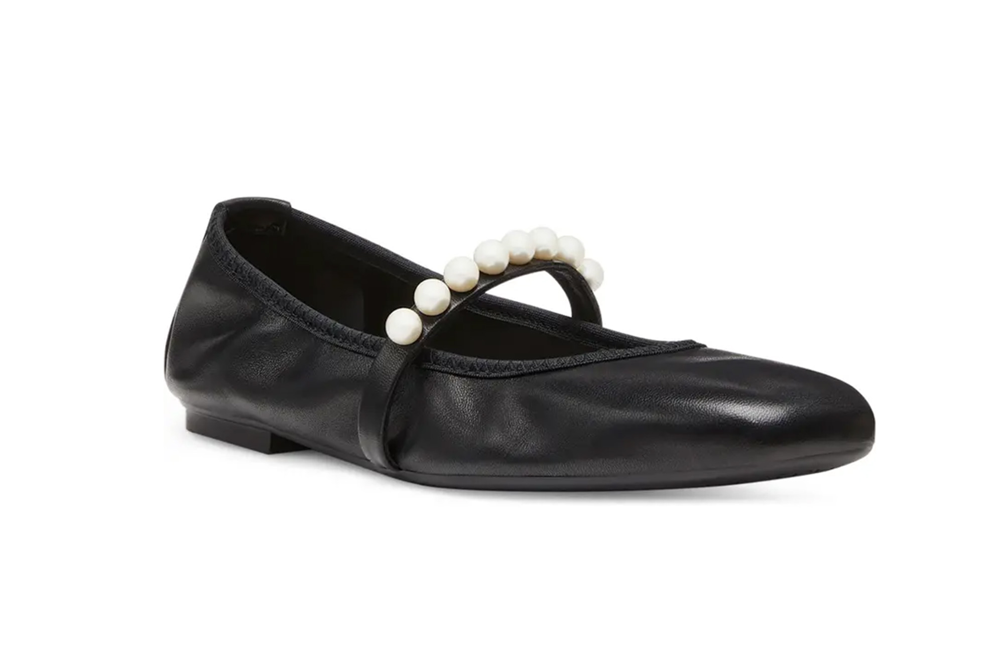 A black pearl-adorned ballet flat