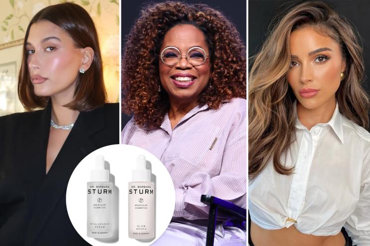 A photo split of Hailey Bieber, Oprah Winfrey and Olivia Culpo with an inset of Dr. Barbara Sturm products