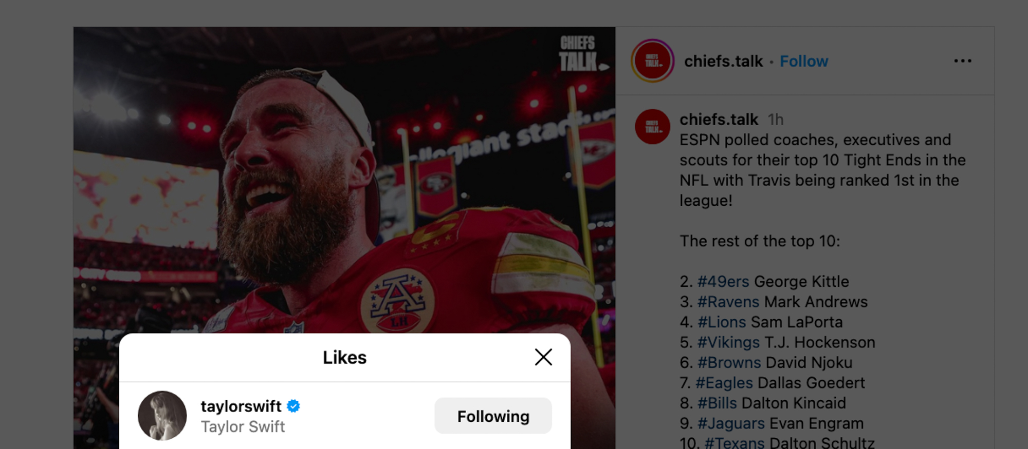 screenshot of taylor swift "liking" an instagram post about travis kelce