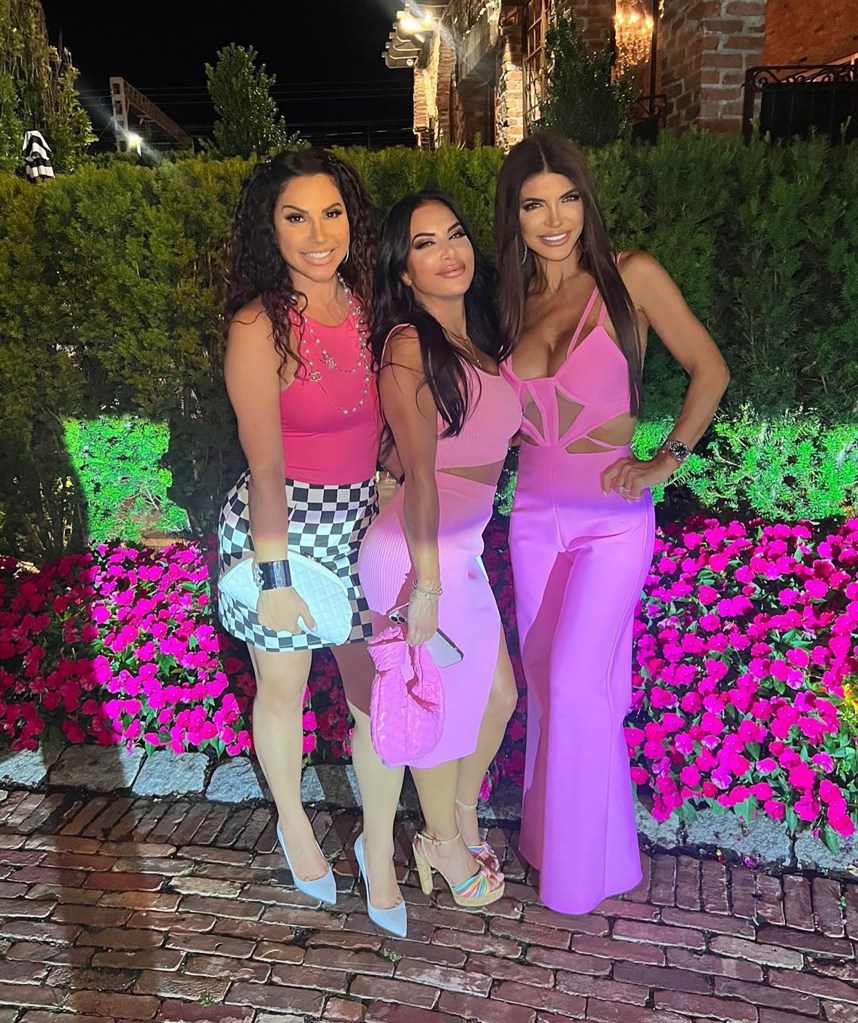 Teresa Giudice posing in a pink jumpsuit and with friends.