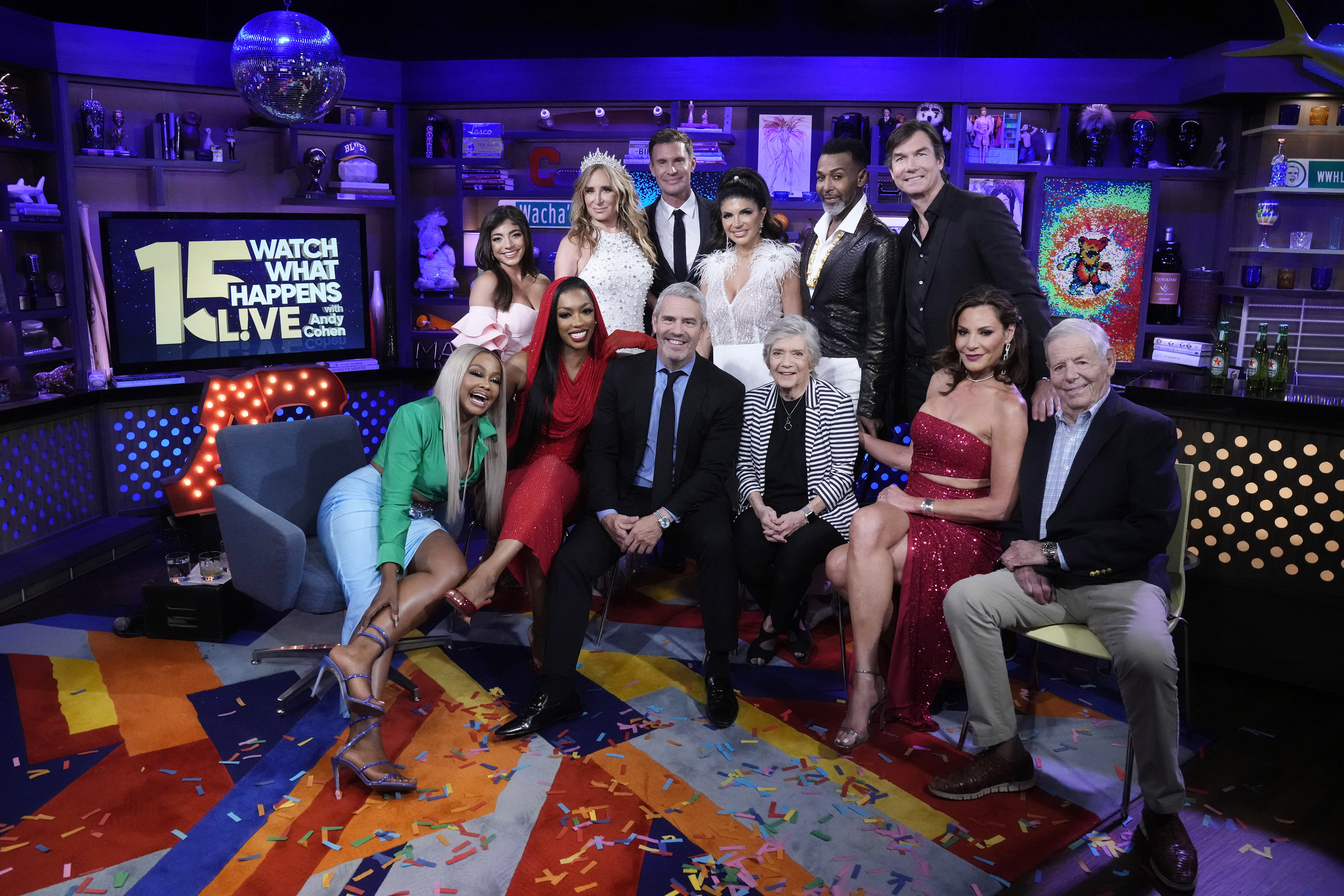 Porsha Williams, Phaedra Parks, Sonja Morgan, Luann de Lesseps, Jeff Lewis, Teresa Giudice, Jerry O'Connell at "WWHL" with Andy Cohen.