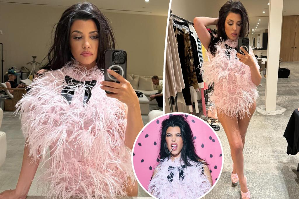 Kourtney Kardashian shows some leg in pink feathered bodysuit at Lemme photo shoot