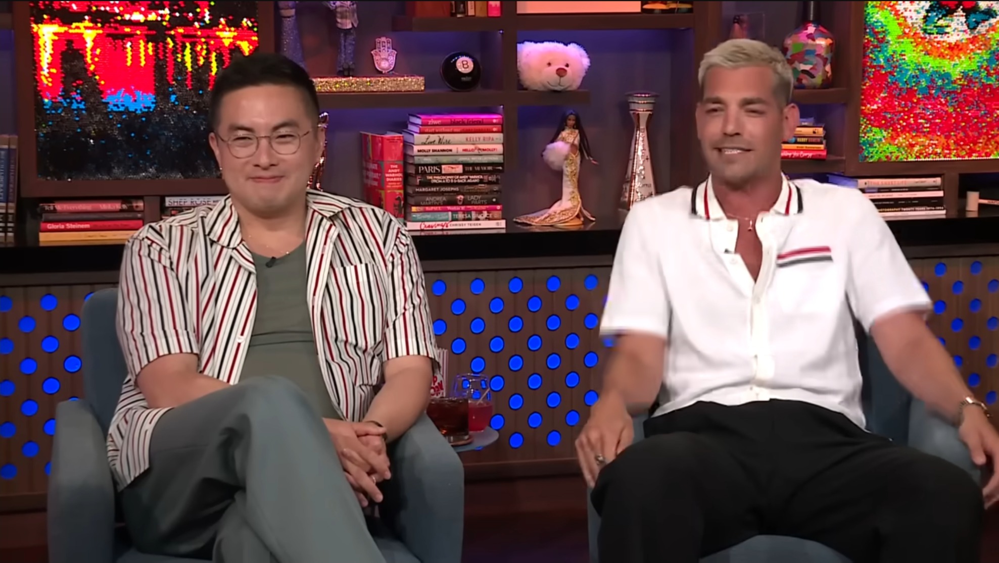 Bowen Yang and Matt Rogers on "Watch What Happens Live" in August 2024.