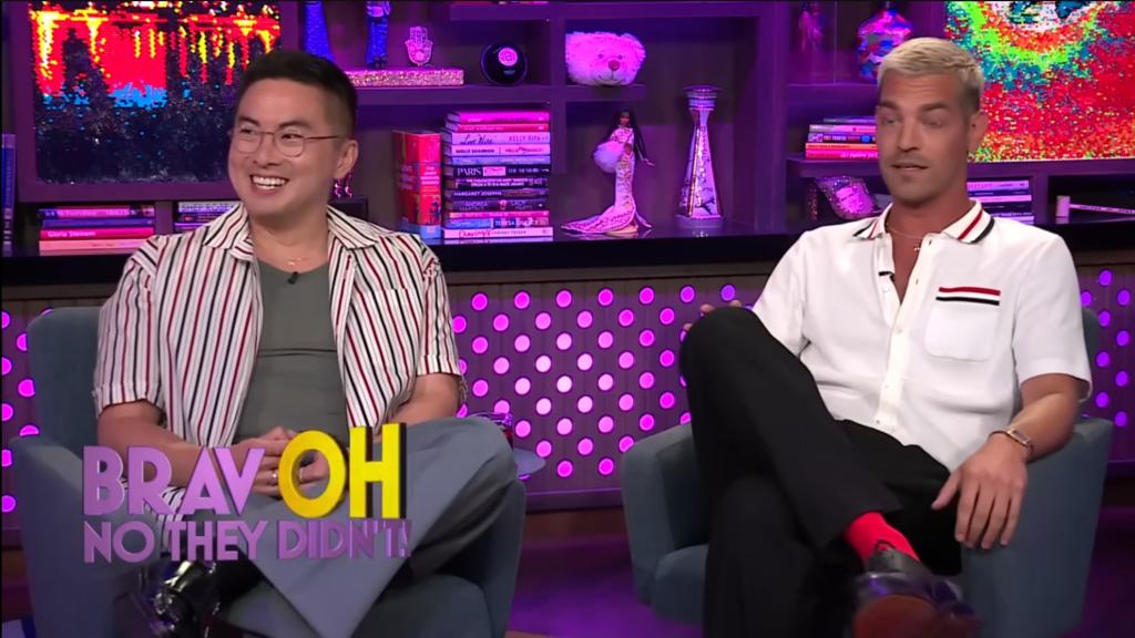 Bowen Yang and Matt Rogers on "Watch What Happens Live" in August 2024.