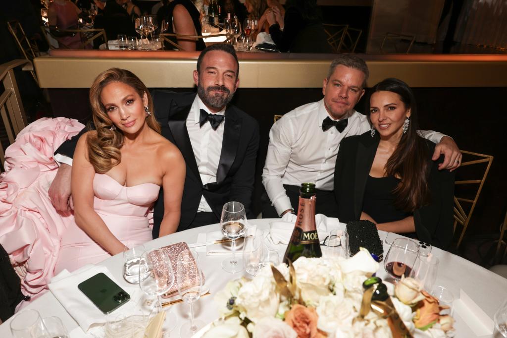 Jennifer Lopez, Ben Affleck, Matt Damon and Luciana Barroso at January 2024 Golden Globes